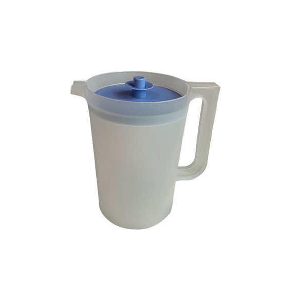 Tupperware White Opaque Pitcher with Blue top Push‎ Button to Remove Top - Picture 1 of 5